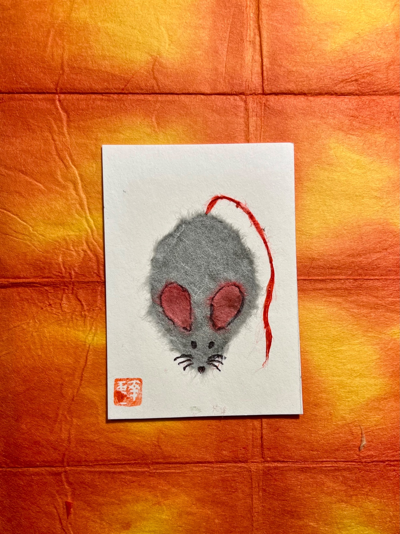 Japanese Washi art - alone mouse aceo art card