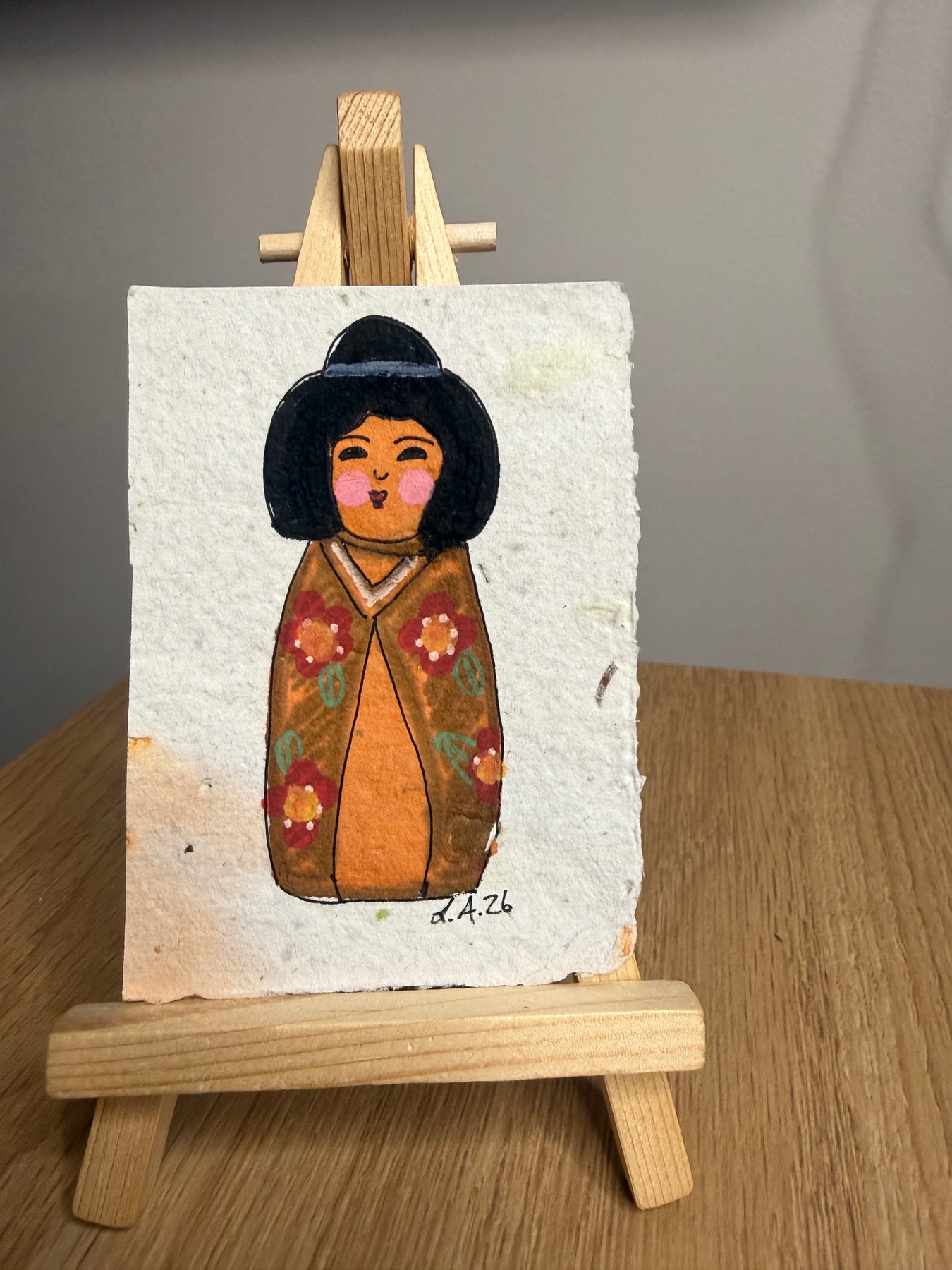 Japanese Kokeshi Doll Original ACEO by Lyndsay Aznaurov (Handmade Paper!) aceo art card