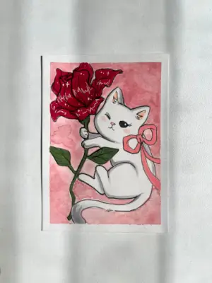 Cat and Rose aceo art card thumbnail 2