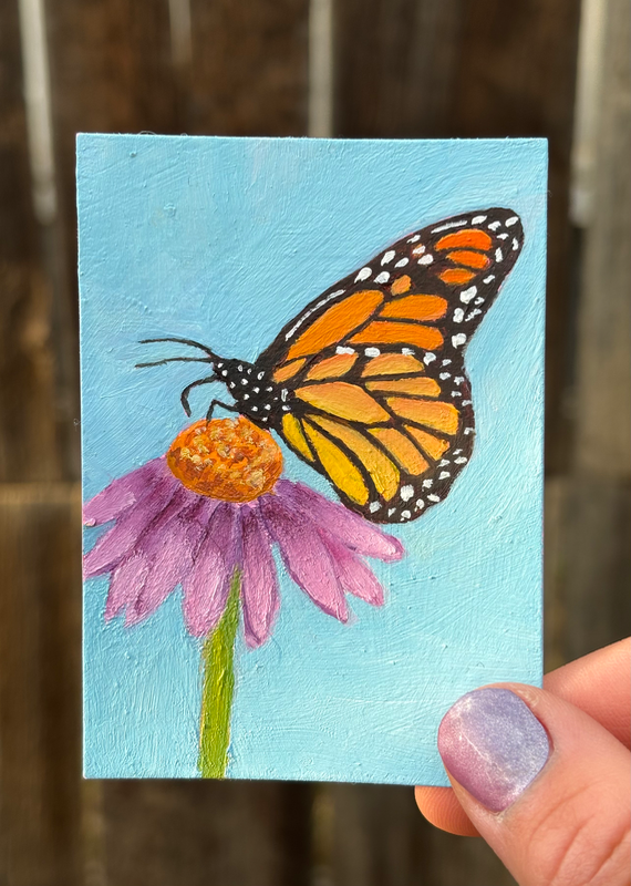 Butterfly on a purple daisy aceo art card