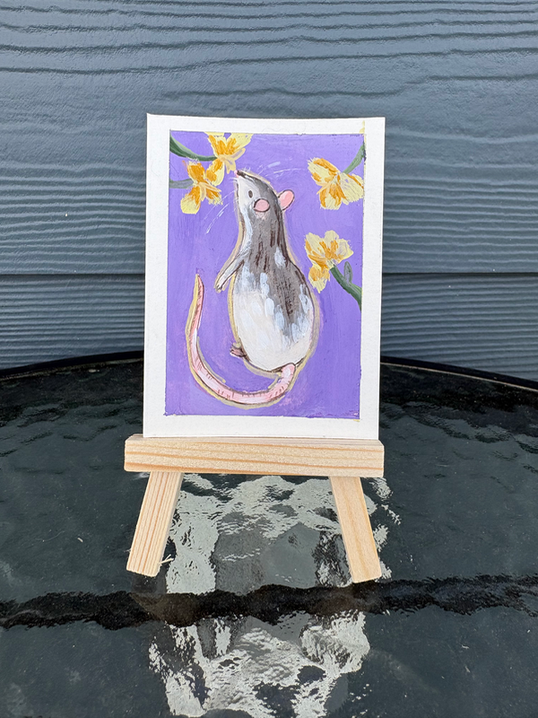 Rat Smelling Flowers aceo art card