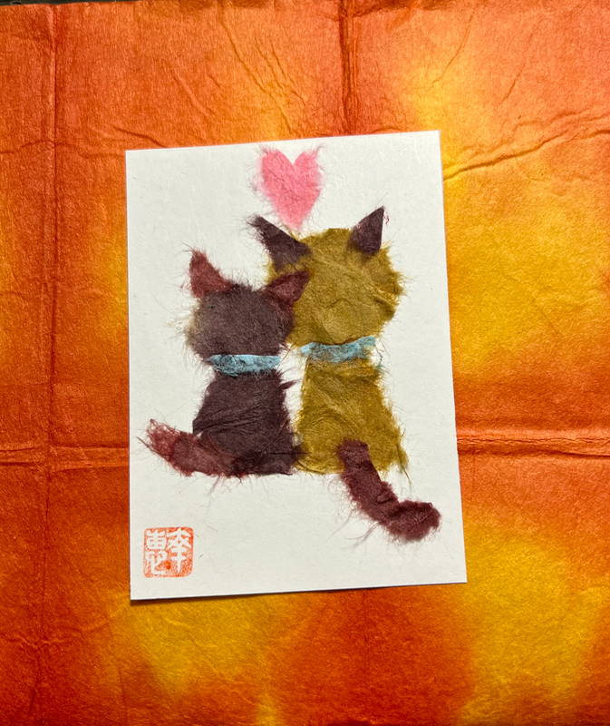 Japanese Washi art-we are good friend(cats) aceo art card