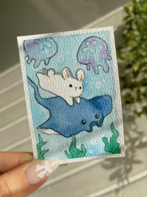 Manta Ray and Bunny aceo art card thumbnail 2