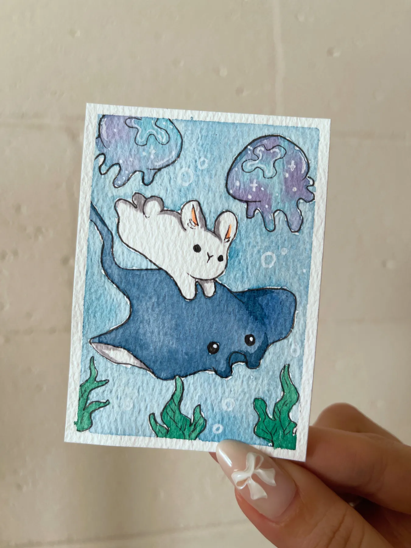 Manta Ray and Bunny aceo art card