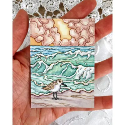 Sandpiper Summer (Seascape Sketch with Shorebird) aceo art card thumbnail 2
