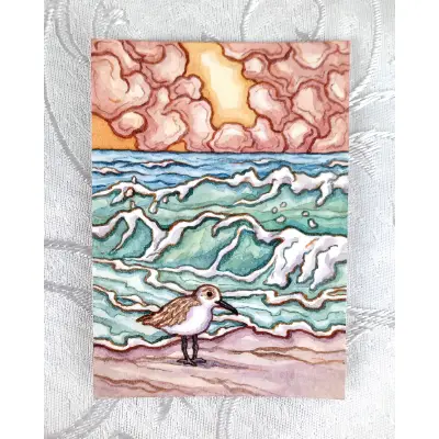 Sandpiper Summer (Seascape Sketch with Shorebird) aceo art card thumbnail 1