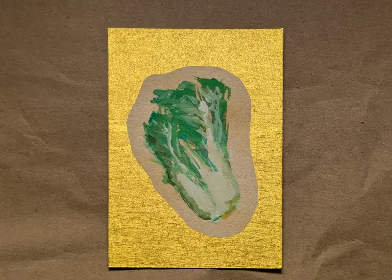 Hand Painted Lucky Cabbage - Chinese New Year on Gold Metallic Background aceo art card