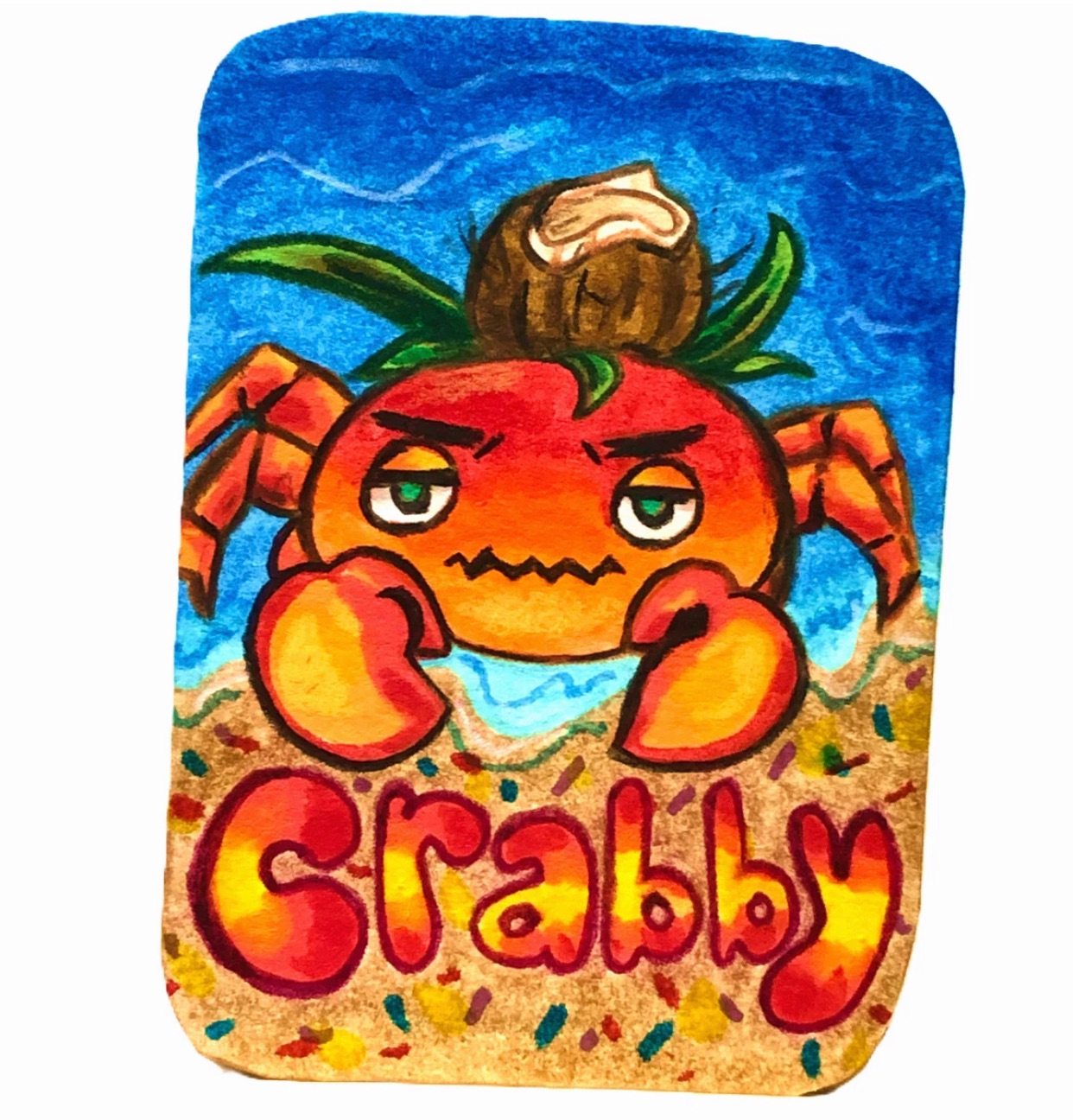 Crab Ocean Coconut Humor Cartoon Summer Ocean Beach Funny Cute Cartoon aceo art card