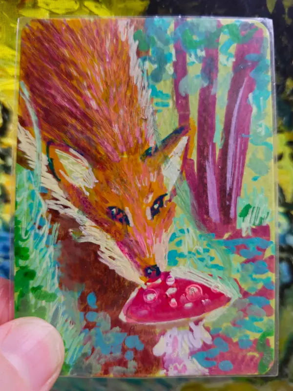 Fox Eating Mushroom aceo art card