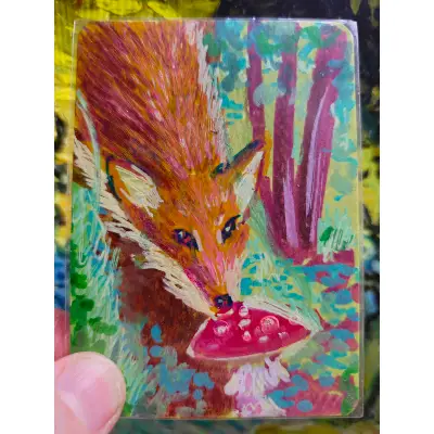 Fox Eating Mushroom aceo art card thumbnail 1