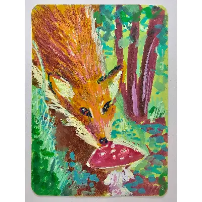 Fox Eating Mushroom aceo art card thumbnail 3