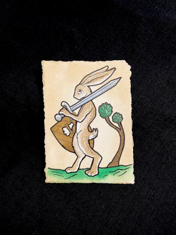 Medieval Rabbit with Sword and Shield aceo art card