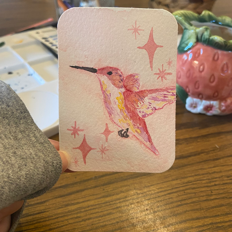 Pink Hummingbird aceo art card
