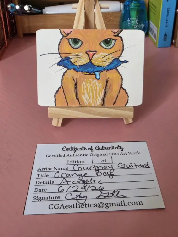Orange Boy (Orange Cat with Blue jay feather) aceo art card