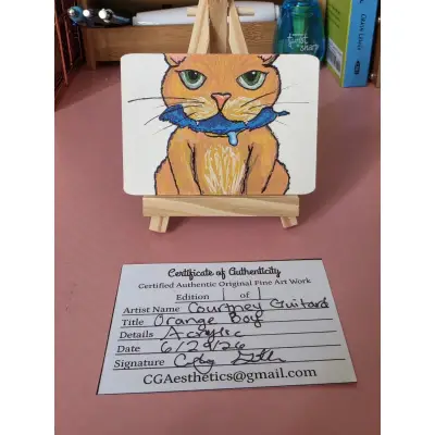 Orange Boy (Orange Cat with Blue jay feather) aceo art card thumbnail 1