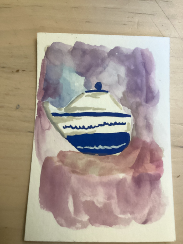 Teapot with pink and purple background aceo art card