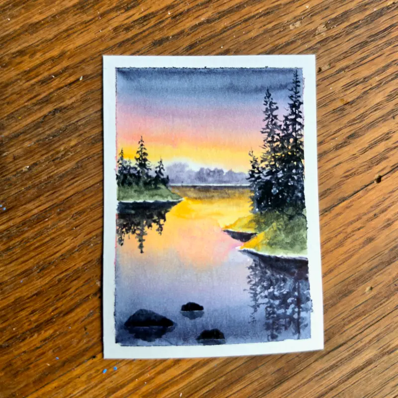 Sunset on a Still Lake aceo art card