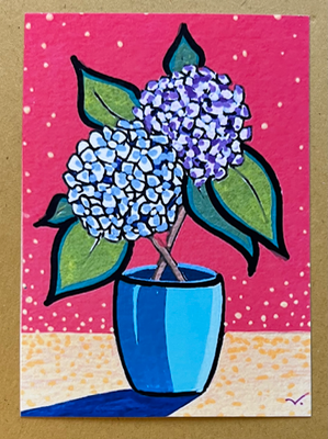 Modern Vase with Flowers -Hydrangeas Acrylic on Paper by The Art Auditor aceo art card thumbnail 1