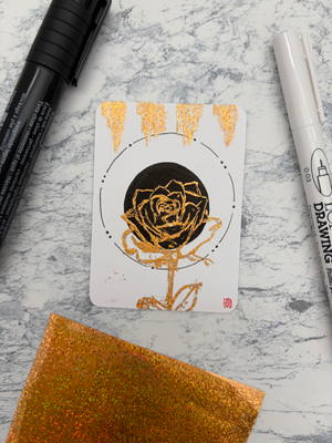 Distressed Rose | flower floral botanical outline in gold transfer foil and black ink illustration aceo art card thumbnail 1