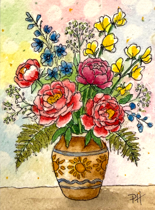 ACEO ORIGINAL Blooming Flower Bouquet Watercolor/Ink Art by PHarp Watercolors aceo art card