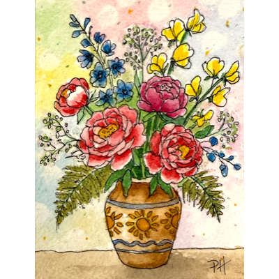 ACEO ORIGINAL Blooming Flower Bouquet Watercolor/Ink Art by PHarp Watercolors aceo art card thumbnail 1