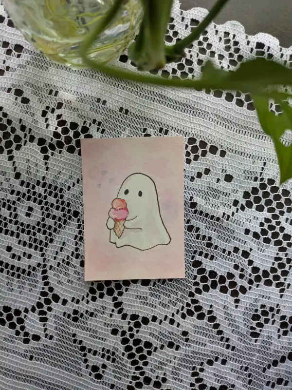 Original Watercolor ACEO Ice Cream Ghost Mini Painting Kawaii Summer Art aceo art card