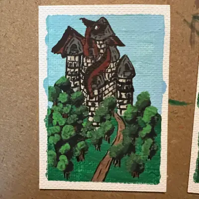 ACEO Original The Keeper Red Dragon Castle Fantasy Landscape Acrylic Ink P&F Co aceo art card thumbnail 1