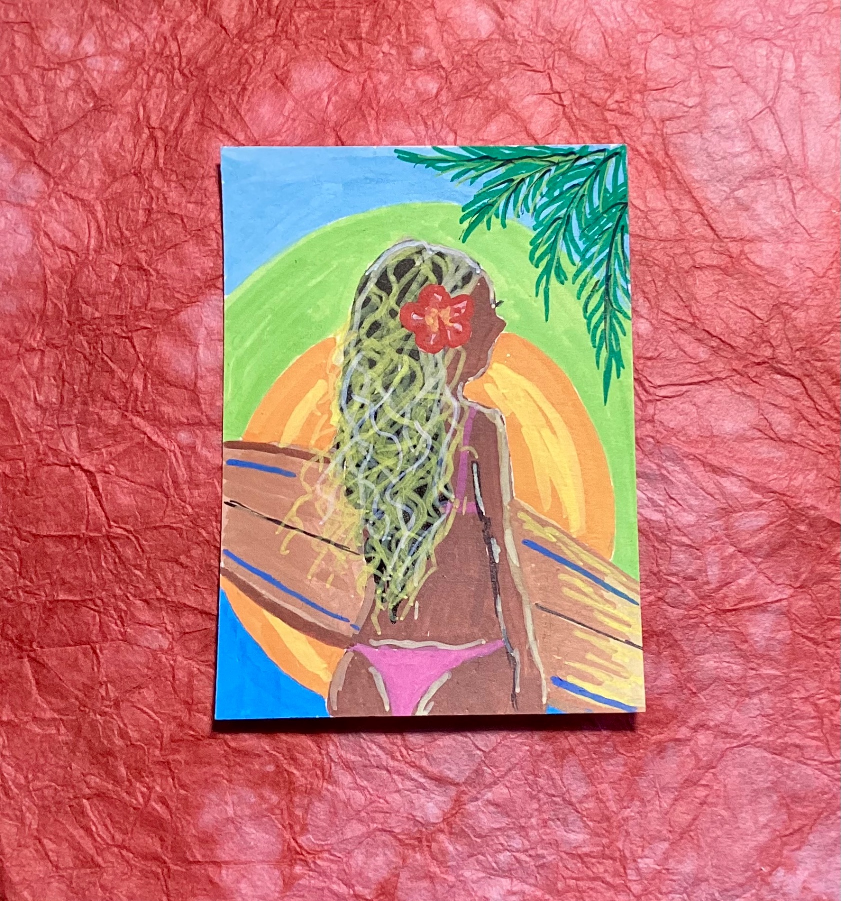 Surf girl at sunset aceo art card