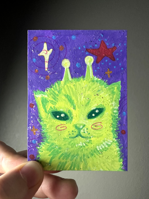 Glitter Alien Cat aceo art card