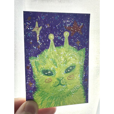Glitter Alien Cat aceo art card thumbnail 2