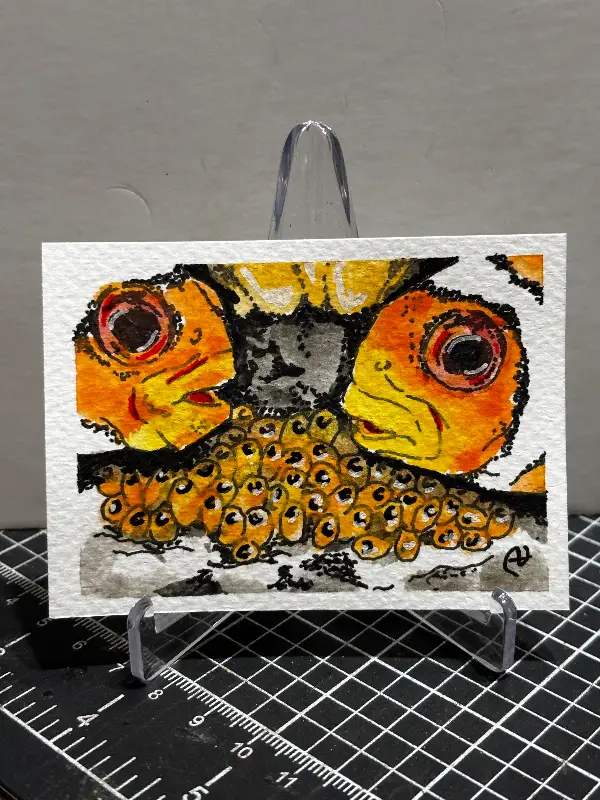 "Mamma & Pappa" ink/water color Orange/Yellow/Brow Clown Fish Protecting the Nest aceo art card