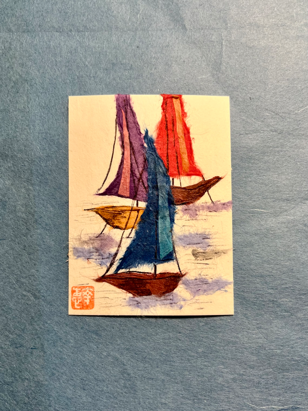 Sail boats (TG prompt) Japanese Washi art aceo art card