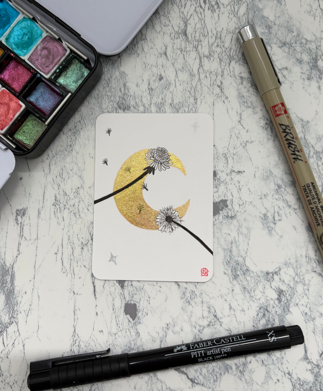 Dandelion wildflower | wish flower floral botanical ink on watercolor moon aceo art card