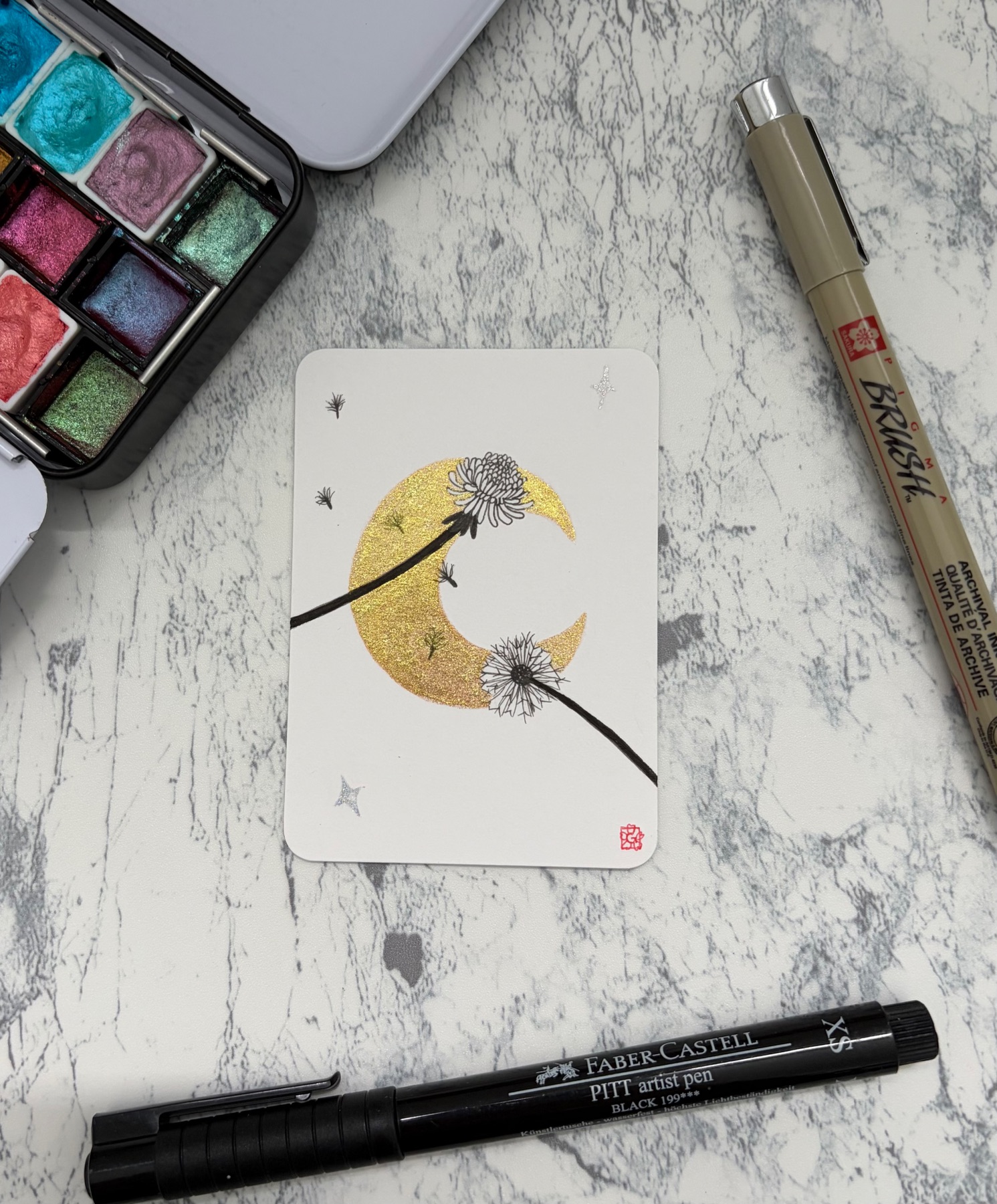 Dandelion wildflower | wish flower floral botanical ink on watercolor moon aceo art card