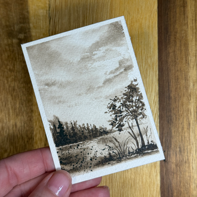 ACEO Watercolor, Landscape, Original, Marsh, “Sepia Landscape”, 3.5x2.5in,By Lark Watercolor and Art aceo art card thumbnail 3