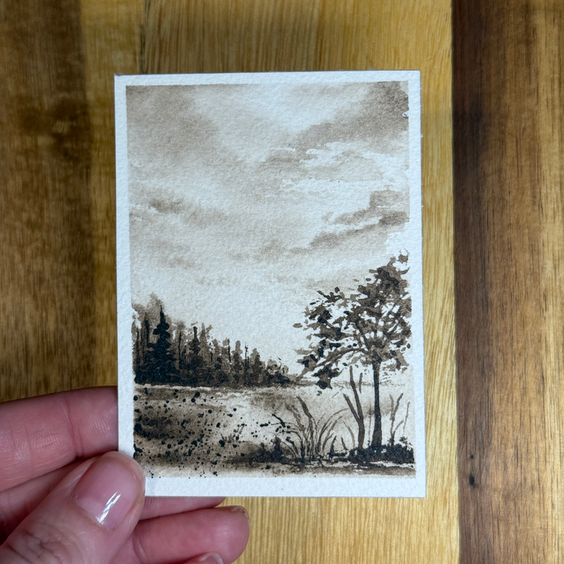 ACEO Watercolor, Landscape, Original, Marsh, “Sepia Landscape”, 3.5x2.5in,By Lark Watercolor and Art aceo art card