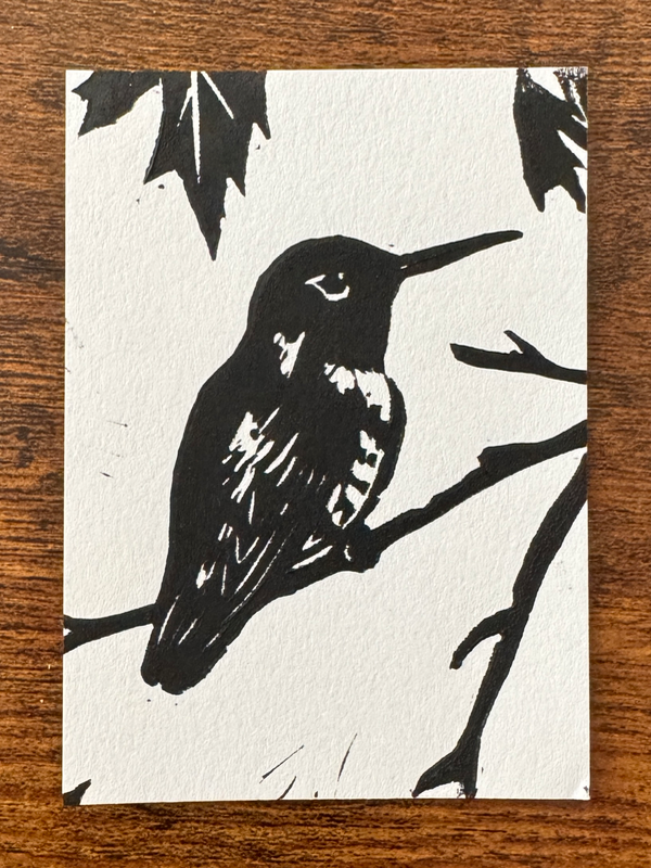 Little Hummingbird #1 - Hand-Carved Block Print aceo art card