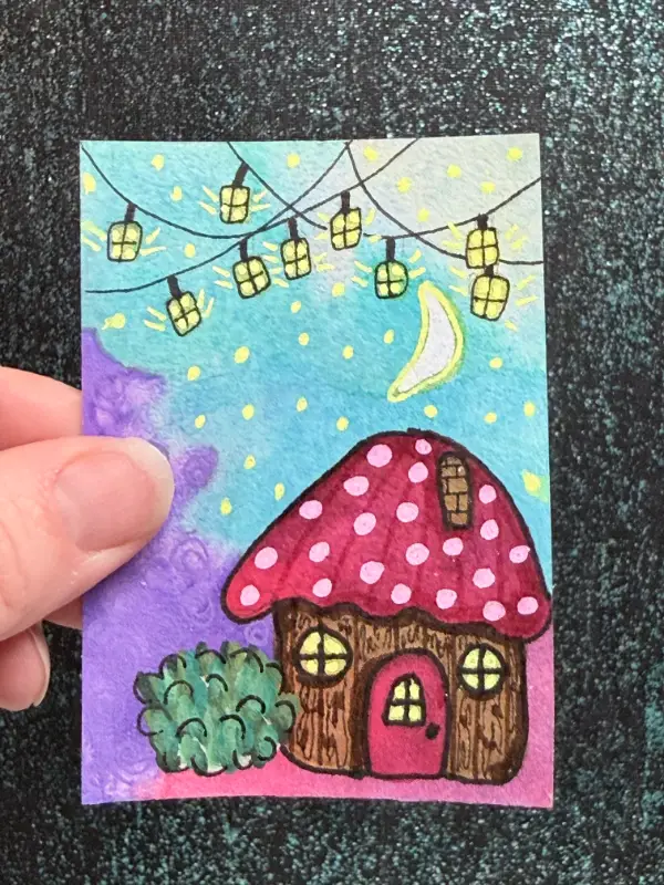 Whimsical Fairy Mushroom Cottage aceo art card