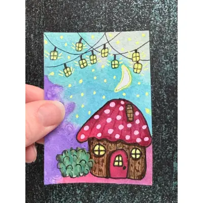 Whimsical Fairy Mushroom Cottage aceo art card thumbnail 1