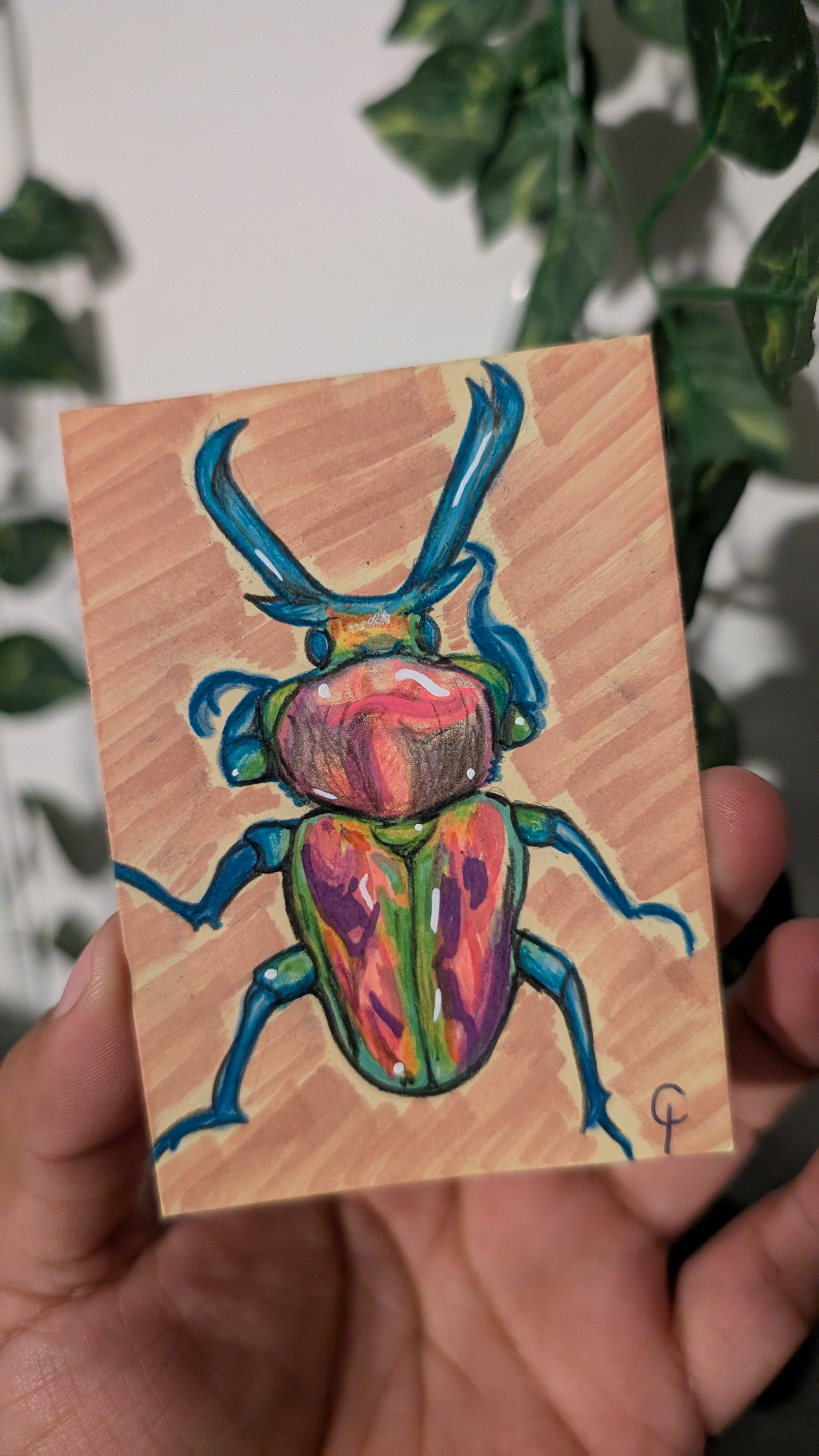 Rainbow Stag Beetle aceo art card