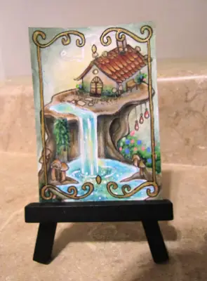Enchanted Whisperfall Cottage aceo art card thumbnail 1