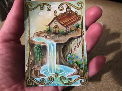 Enchanted Whisperfall Cottage aceo art card thumbnail 2