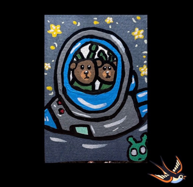 ACEO Original Artist Trading Card Mixed Media UFO Bear 2.5x3.5 On Paper SIGNED aceo art card