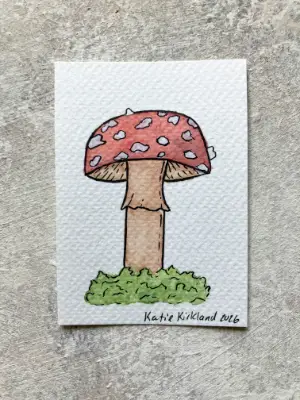 Red Mushroom with Green Moss - Gouache and Ink on Watercolor Paper aceo art card thumbnail 2
