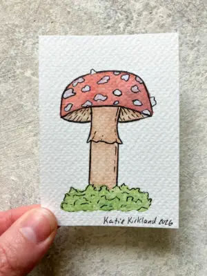 Red Mushroom with Green Moss - Gouache and Ink on Watercolor Paper aceo art card thumbnail 1