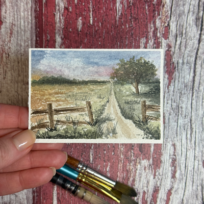 ACEO Watercolor, Landscape, Original, Marsh, “Property Fence”, 3.5x2.5in, By Lark Watercolor aceo art card thumbnail 1