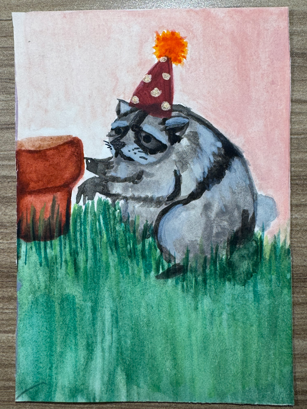 Jimothy in a party hat aceo art card