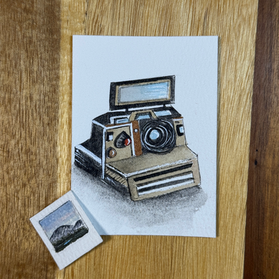 ACEO Watercolor Polaroid Camera with 'Developing' Tiny Landscape Film - Tan Camera aceo art card thumbnail 2