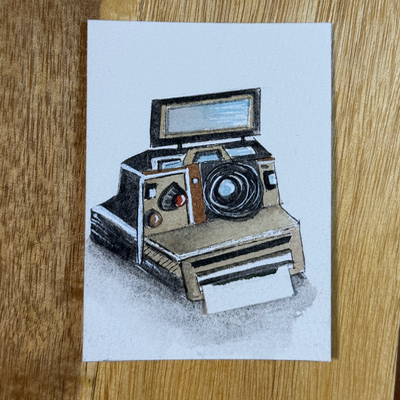 ACEO Watercolor Polaroid Camera with 'Developing' Tiny Landscape Film - Tan Camera aceo art card thumbnail 3
