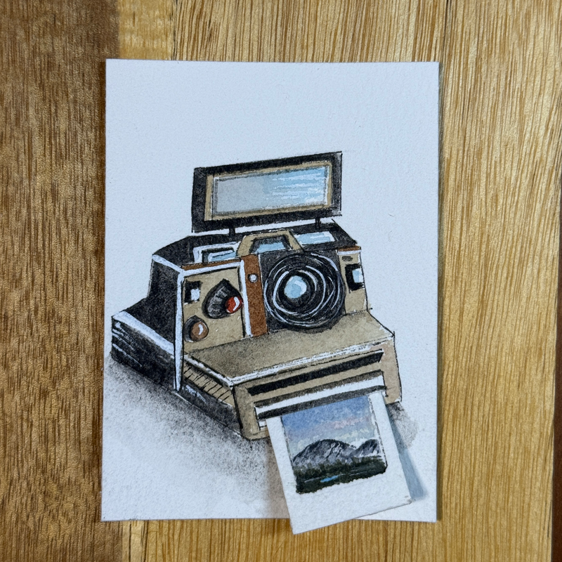 ACEO Watercolor Polaroid Camera with 'Developing' Tiny Landscape Film - Tan Camera aceo art card